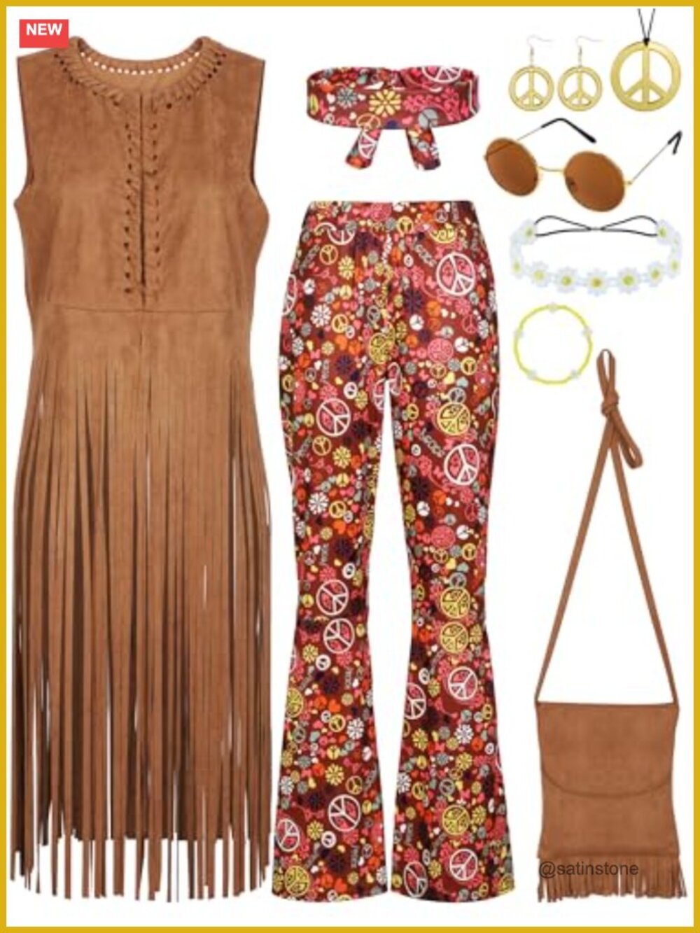 9 Piece 70s Hippie Costume Set Fringe Vest Flared Pants Halloween Cosplay